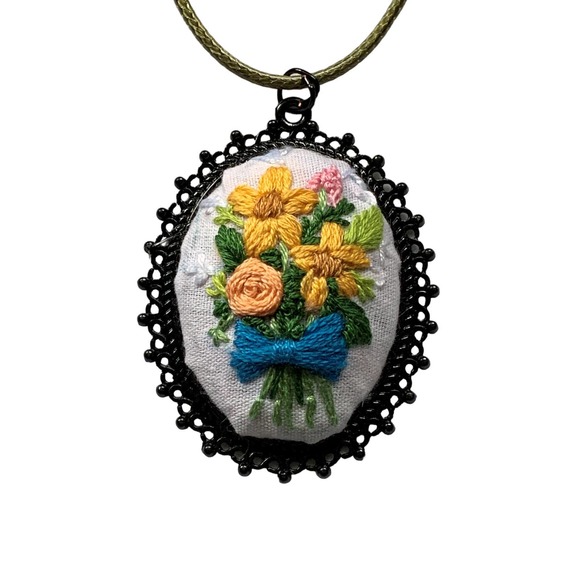 Handmade Jewelry - Handmade Embroidery Pendant with Flower Bouquet